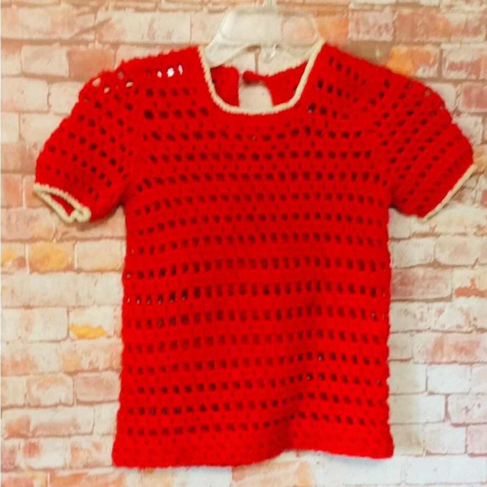 Vintage Red and White Handmade Crochet Short Sleeved Toddler Dress